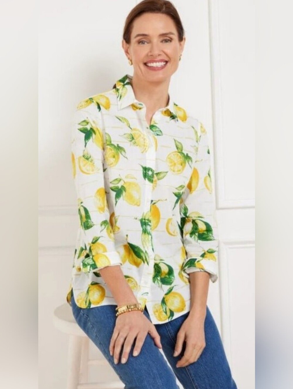 Talbots Lemon Print 100% Cotton Button Down Shirt - Large